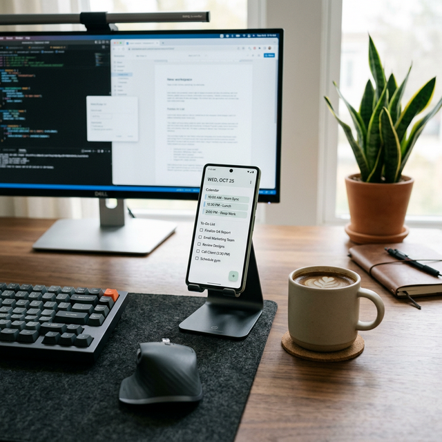 Mesa de trabalho com laptop e smartphone